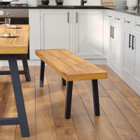 Flash Furniture THB-B01322-NAT-GG Martindale Solid Acacia Wood Patio Dining Bench for 2 with Slatted Top and Black Flared Wooden Legs in a Natural Finish